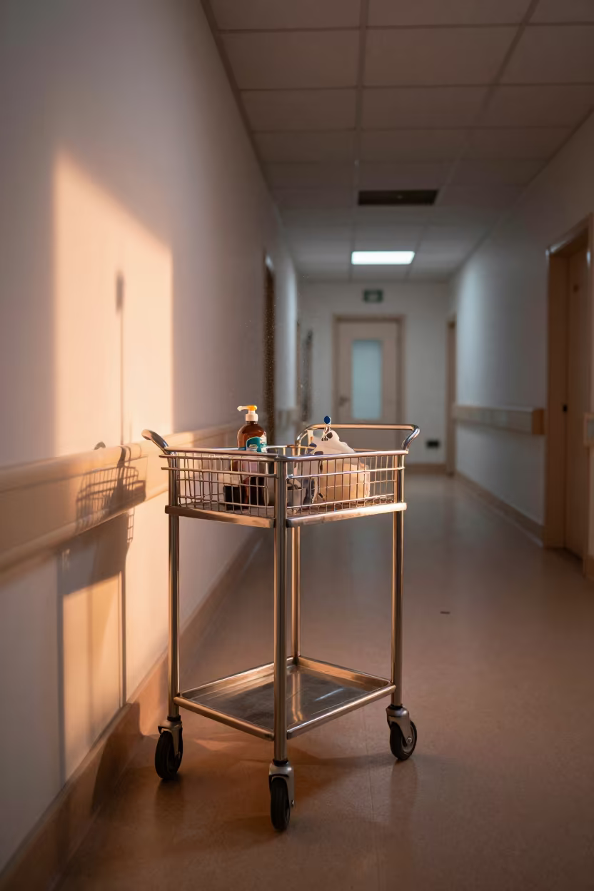 Hospital Wipe-Down Cart in Copper Light in inside a hospital corridor in Manisa