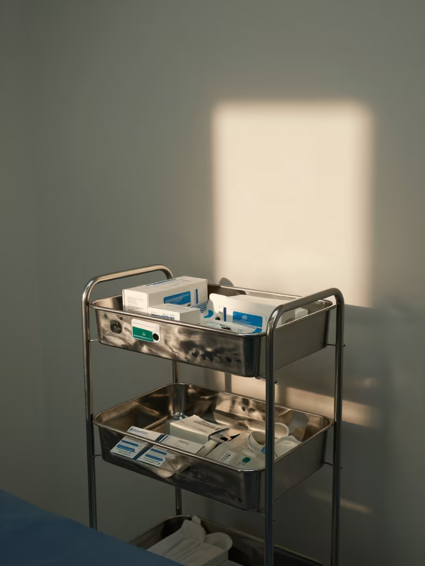 Hospital Wound Care Caddy in Late Afternoon Light in inside an imaging suite in Callao