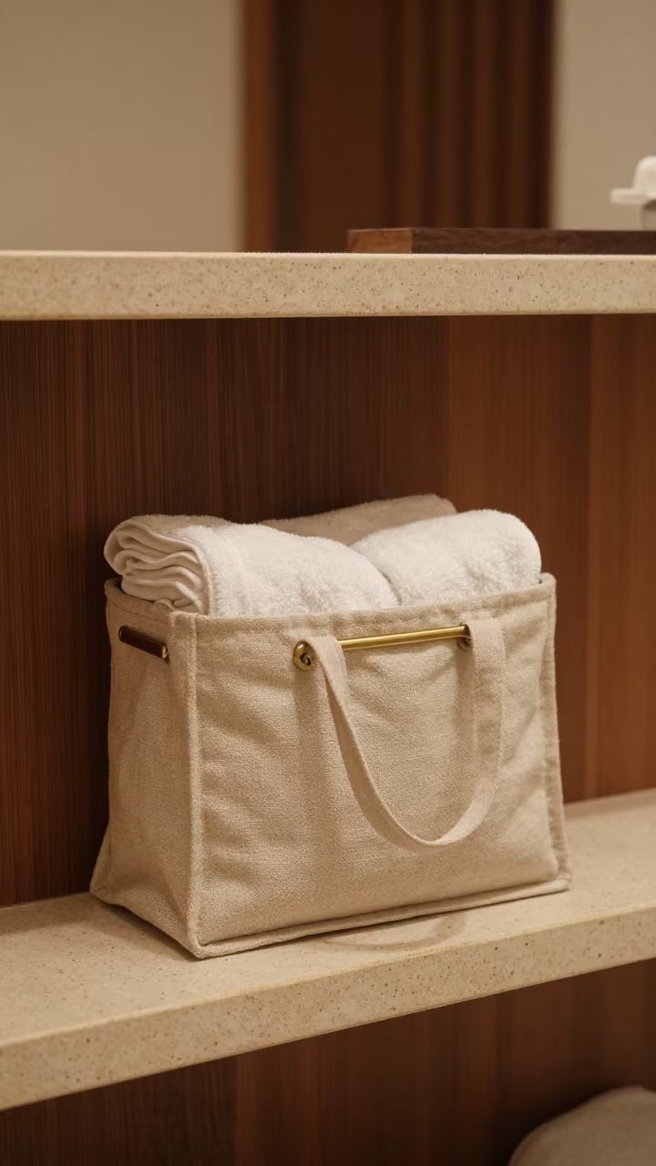 Hospitality Linen Tote Shelf Spa Goiania in inside a spa reception in Goiania