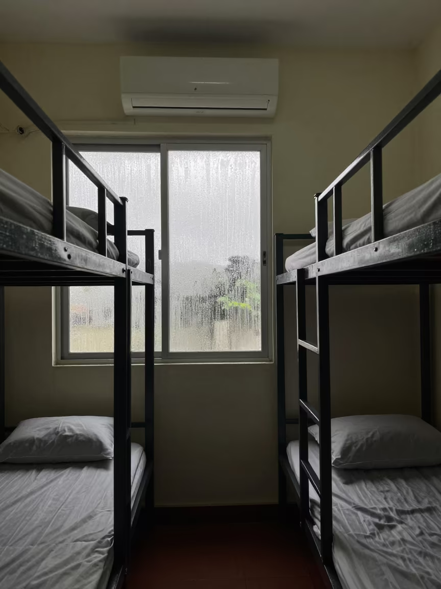 Hostel Bunk Room Morning Light in Cartagena in inside a breakfast room before opening in Getsemani, Cartagena