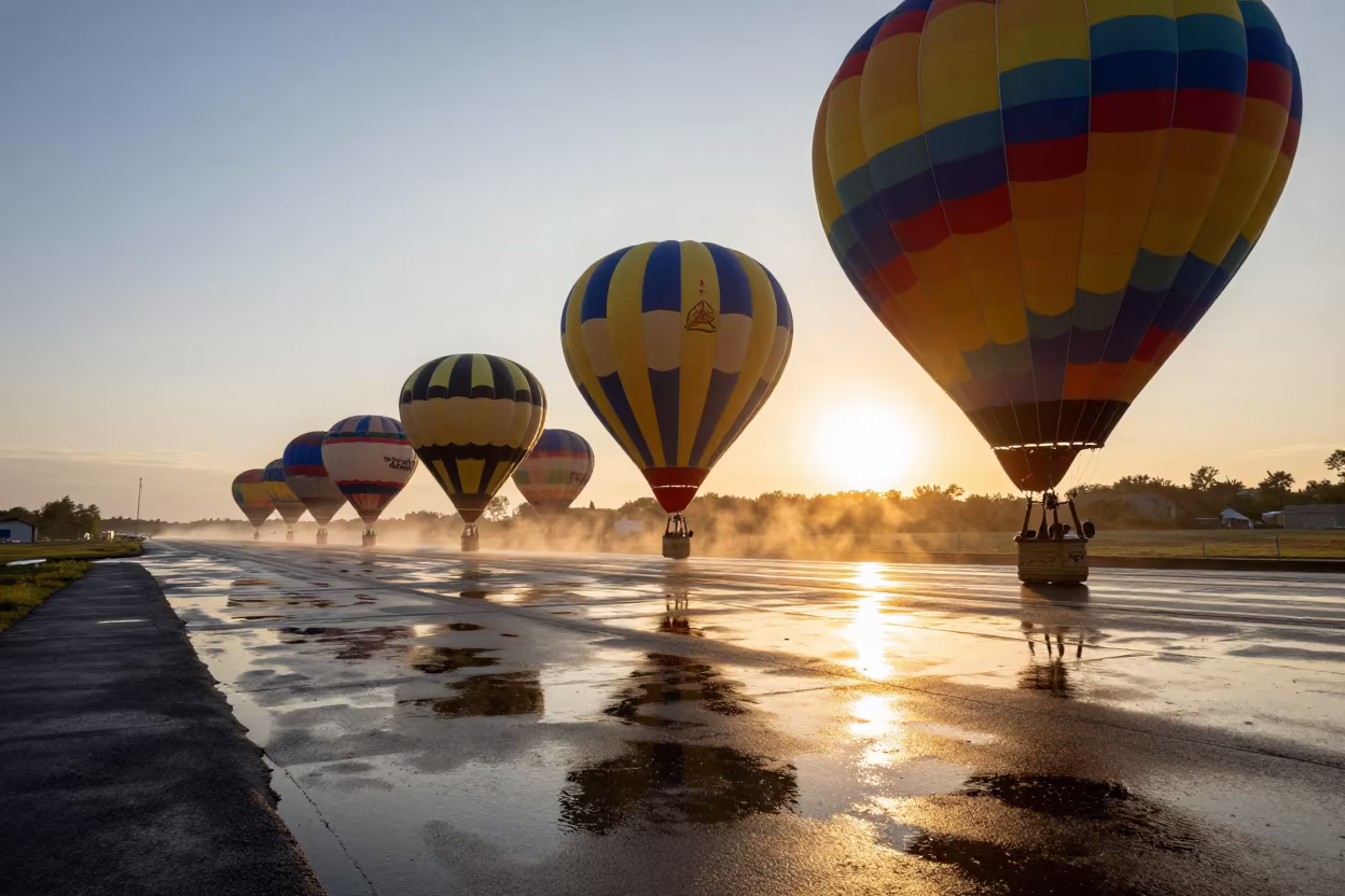 Hot Air Balloon Fleet Mass Ascent New Jersey in on a wind-open causeway in New Jersey