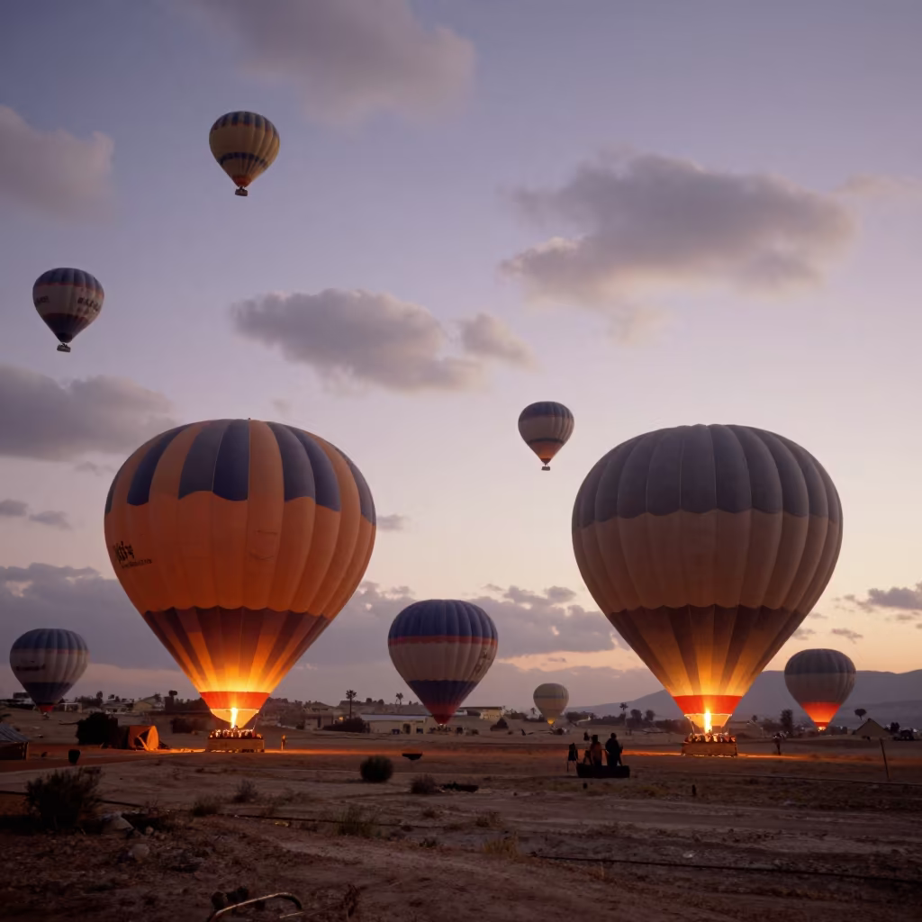 Fleet of Hot Air Balloons Rising at Dusk Near Tiaret in near Tiaret