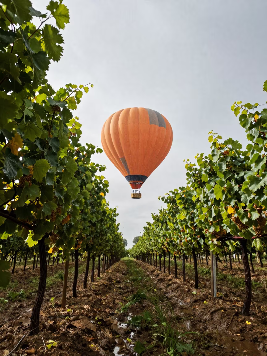 Hot Air Balloon Over Monsoon Vineyards in between vineyard trellises near 6th of October