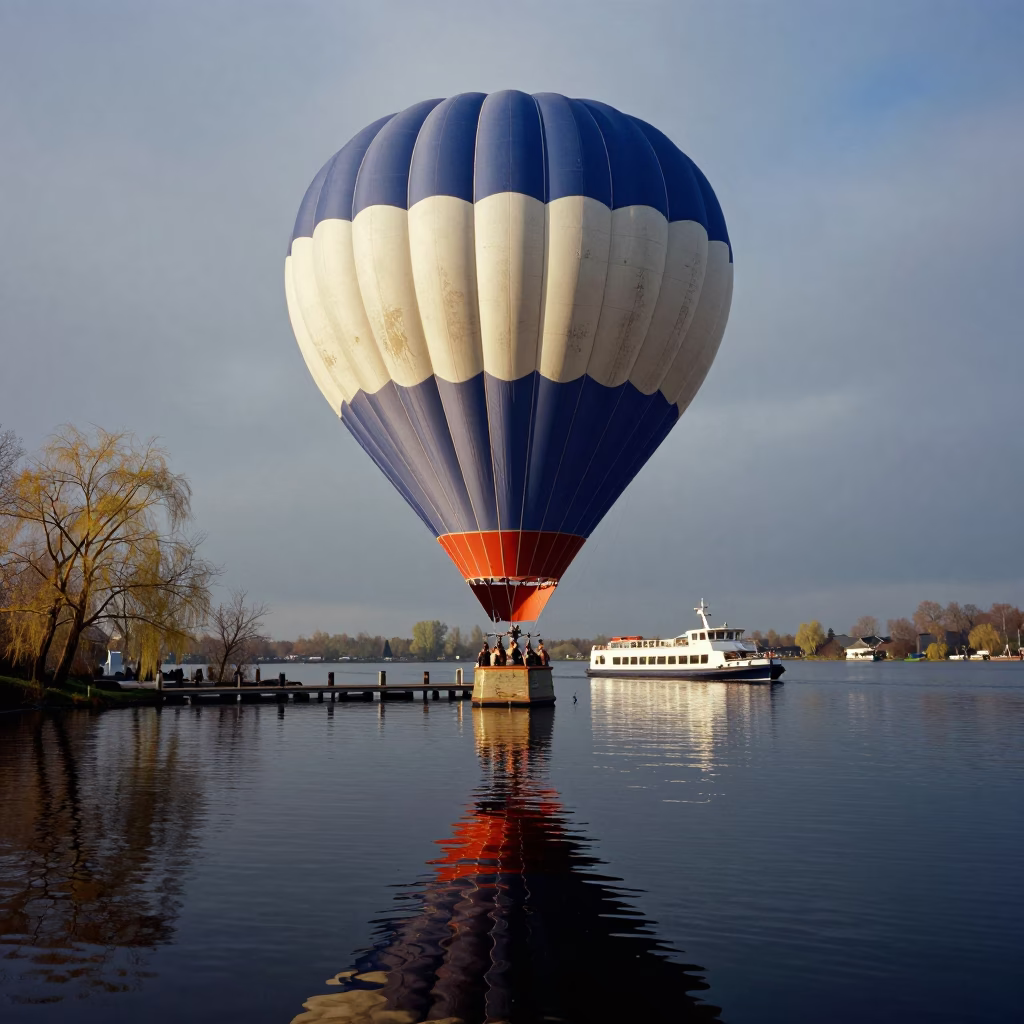 Hot Air Balloon Reflected in Lake at Dawn Near Amsterdam in across a remote ferry crossing near Amsterdam