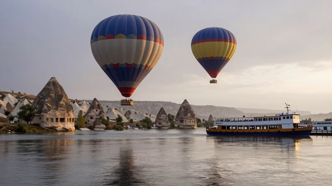 Hot Air Balloon Reflections Over Cappadocia Ferry in across a remote ferry crossing near Ürgüp
