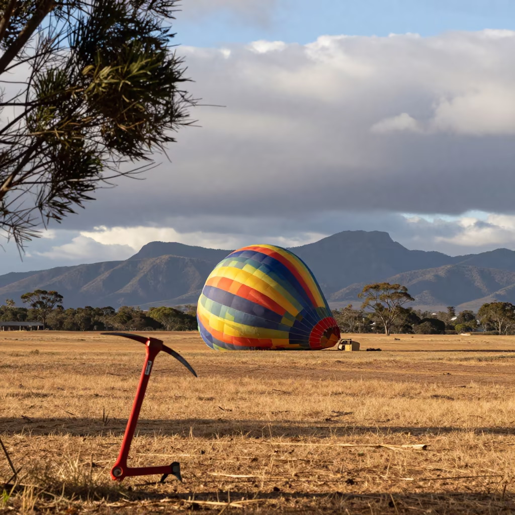 Hot Air Balloon Shadow on Australian Patchwork Fields in across a remote overland crossing in Australia
