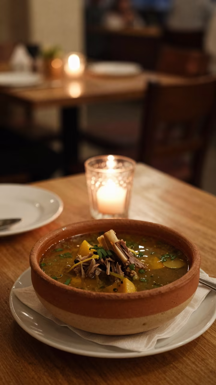 Hot Azerbaijani Piti Lamb Soup in Clay Pot in on a restaurant table in Plovdiv