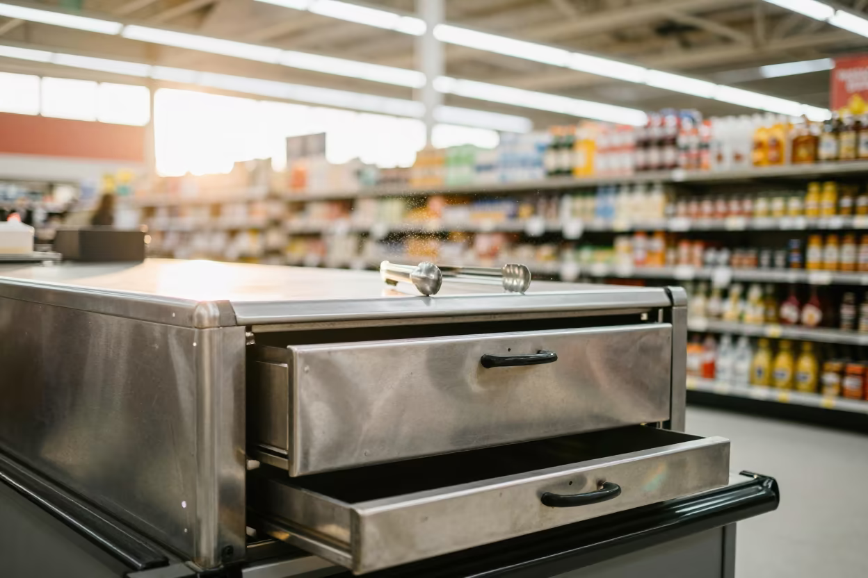 Hot Case Tong Drawer Late Afternoon Retail in at a checkout lane under flat store light in Los Angeles