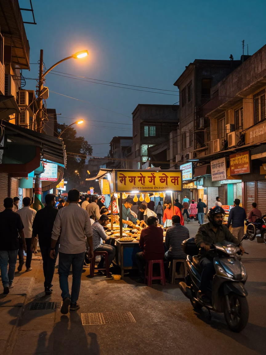 Hot Chaat in Delhi at As City Lights Begin To Glow in in Delhi, India