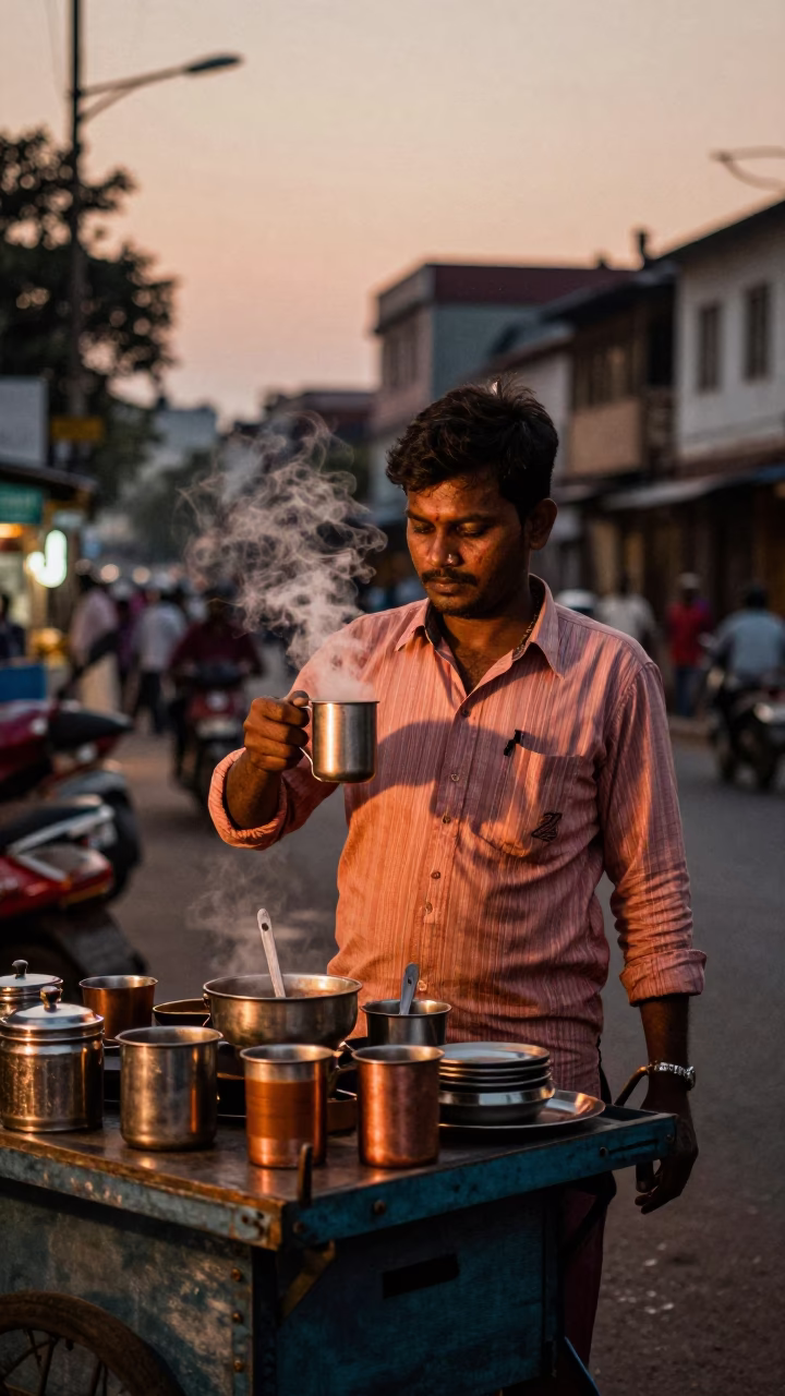 Hot Chai at Copper-toned Light Before Dusk in Mumbai in in Mumbai, India