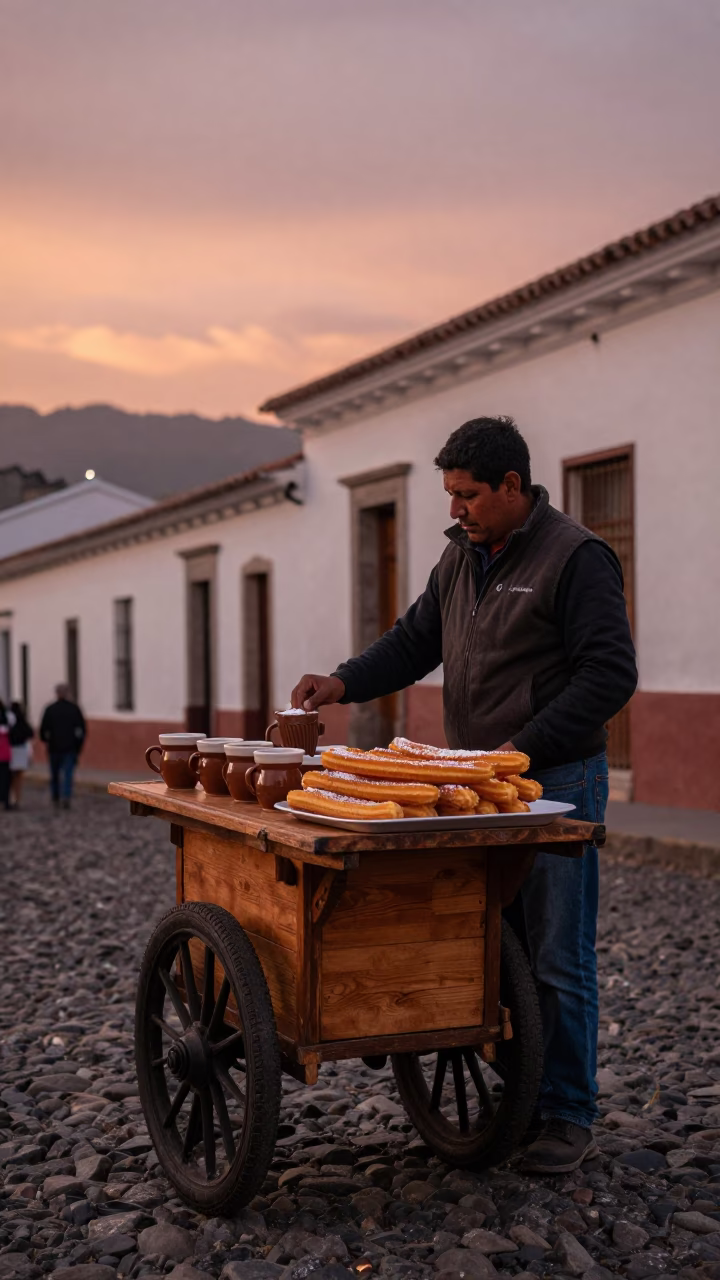 Hot Chocolate at Copper-toned Light Before Dusk in Quito in in Quito, Ecuador