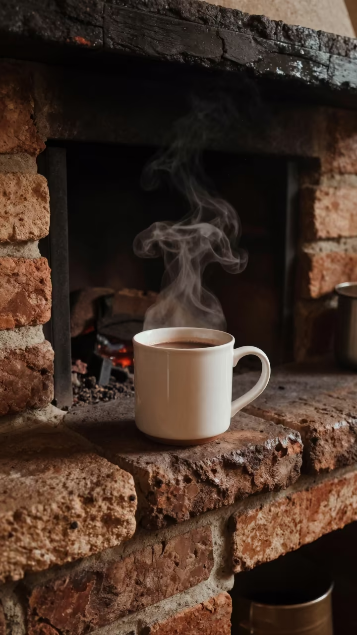 Hot Chocolate on Brick Hearth Under Night Light in in a cozy kitchen near Kumasi