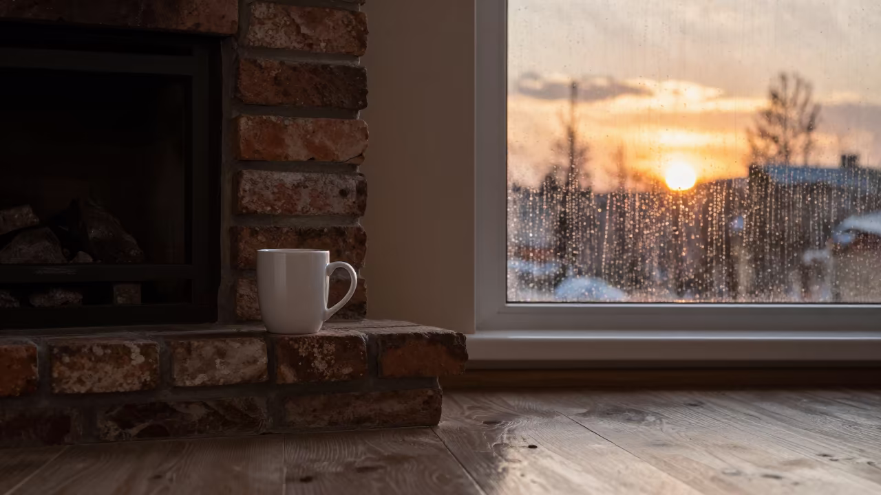 Hot Chocolate on Hearth at Sunset Near Window in beside a rain-streaked window near Chelyabinsk