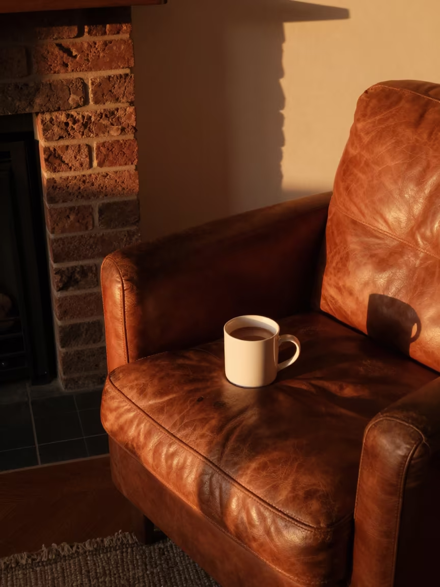 Hot Chocolate on Leather Chair in Sydney in on a worn leather armchair in Paddington, Sydney