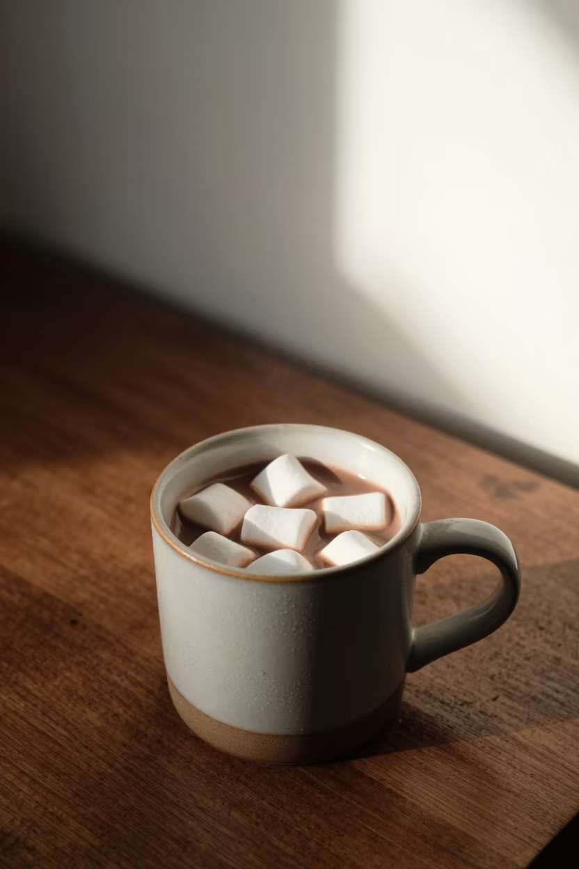 Hot Chocolate Marshmallows Libreville Rainy Afternoon in on a rustic wooden table in Libreville