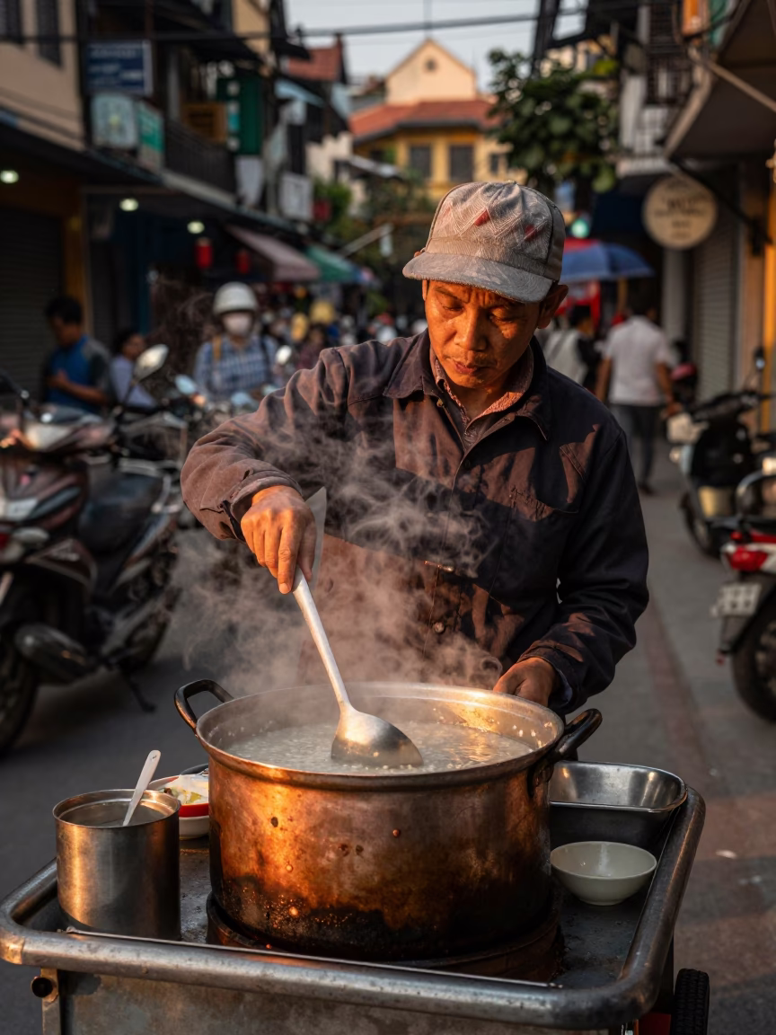 Hot Congee at Copper-toned Light Before Dusk in Hanoi in in Hanoi, Vietnam