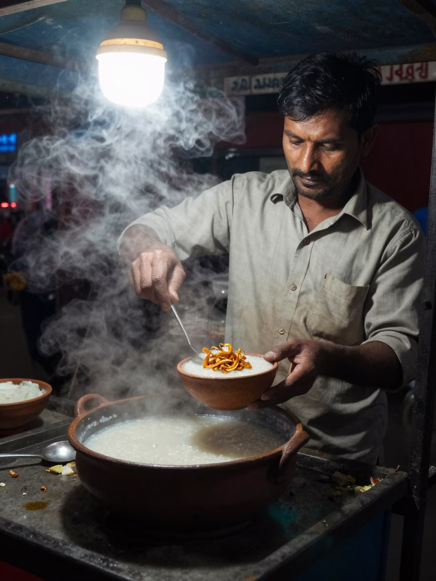 Hot Congee at Deep In The Night Light in Kathmandu in in Kathmandu, Nepal