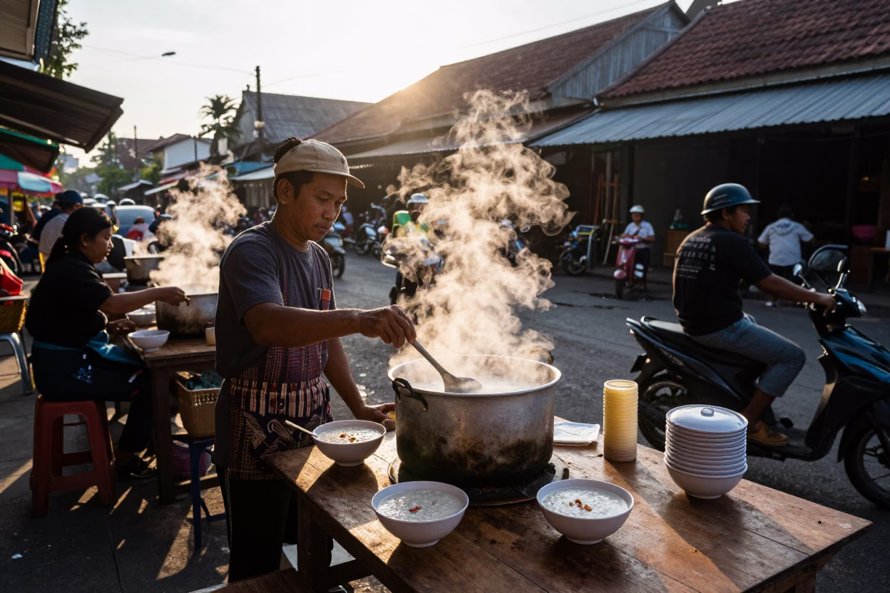 Hot Congee in Yogyakarta at Clear Late-afternoon Light in in Yogyakarta, Indonesia