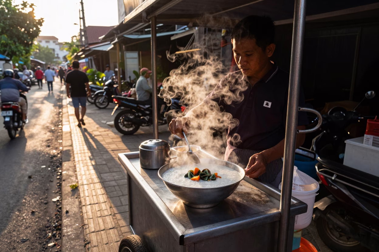 Hot Congee in Yogyakarta at The Late Afternoon Light in in Yogyakarta, Indonesia