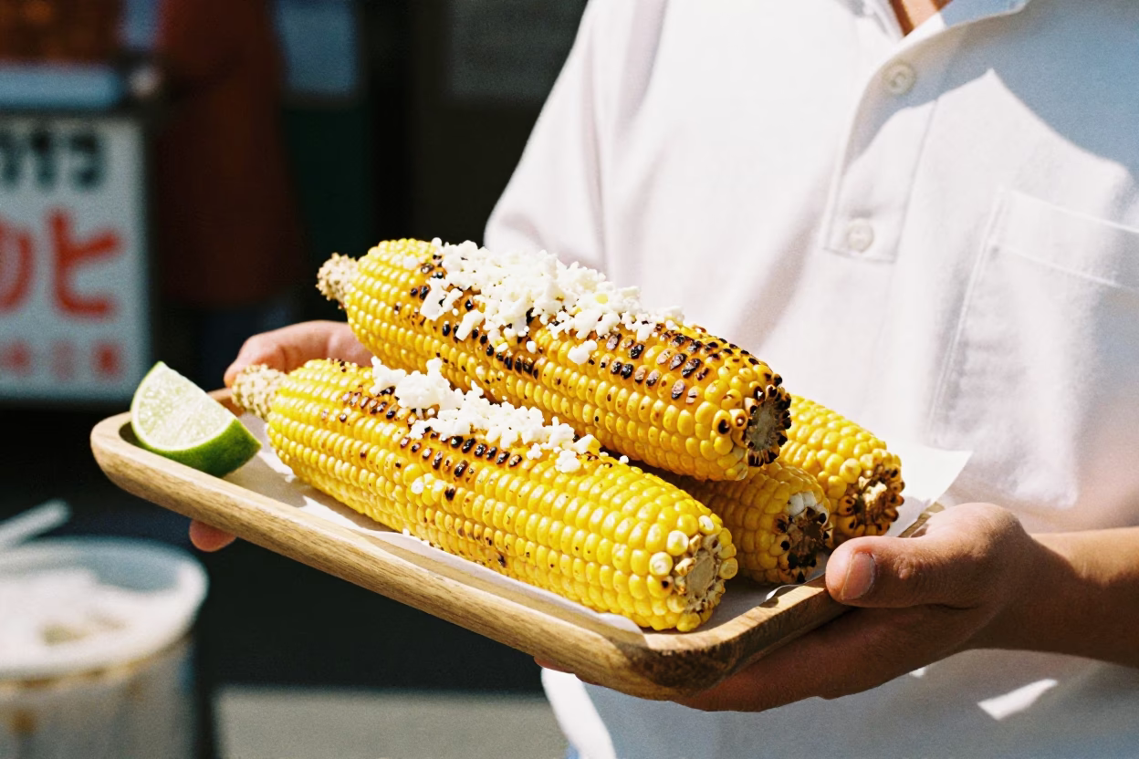 Hot Elote in Sapporo at Bright Midmorning Light in in Sapporo, Japan