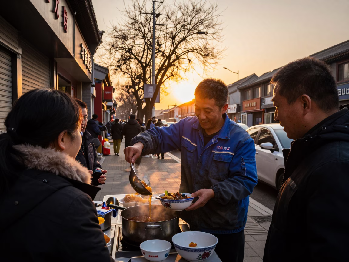 Hot Food in Beijing at Sunset Light in in Beijing, China