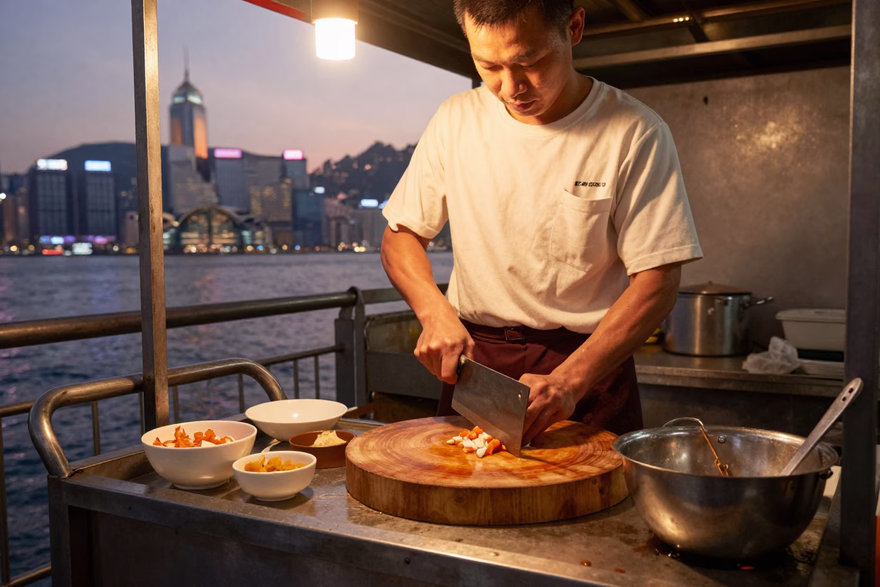Hot Food in Hong Kong at Copper-toned Light Before Dusk in in Hong Kong, Hong Kong