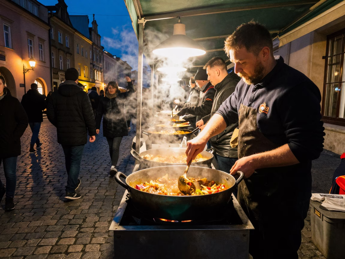 Hot Food in Krakow at Deep In The Night Light in in Krakow, Poland