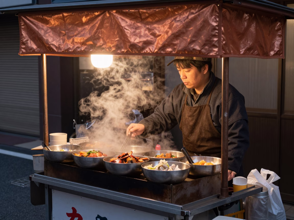 Hot Food in Tokyo at Copper-toned Light Before Dusk in in Tokyo, Japan