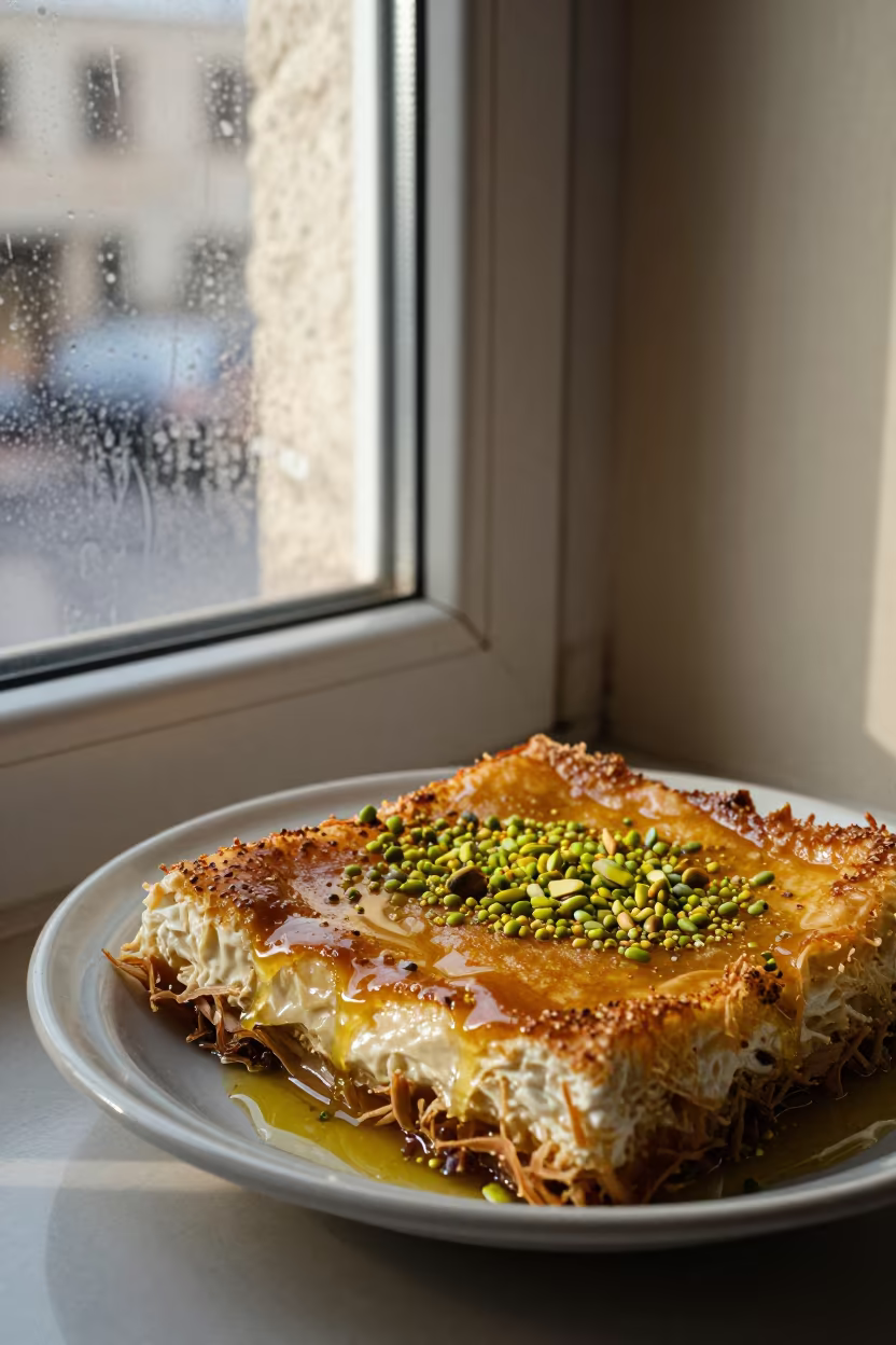 Hot Knafeh Tray with Pistachios and Syrup in on a ceramic plate by a window in Amman