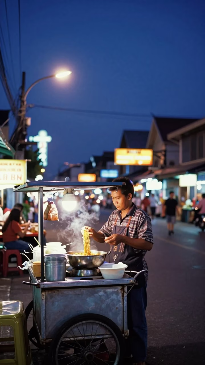 Hot Noodles at As City Lights Begin To Glow in Chiang Mai in in Chiang Mai, Thailand