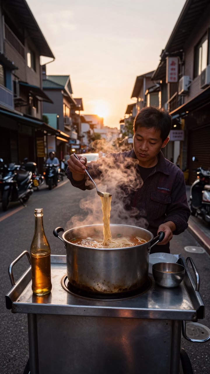Hot Noodles at Copper-toned Light Before Dusk in Taipei in in Taipei, Taiwan