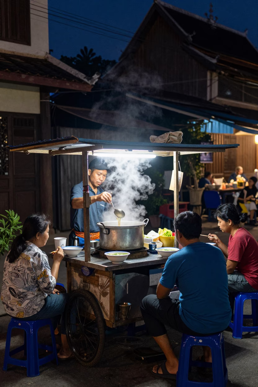 Hot Noodles in Luang Prabang at Midnight Light in in Luang Prabang, Laos