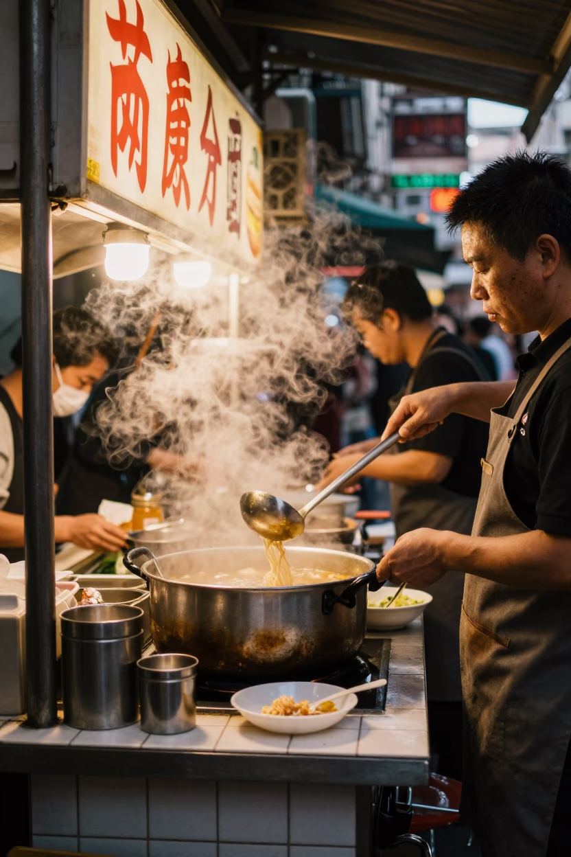 Hot Noodles in Taipei at Honeyed Evening Light in in Taipei, Taiwan