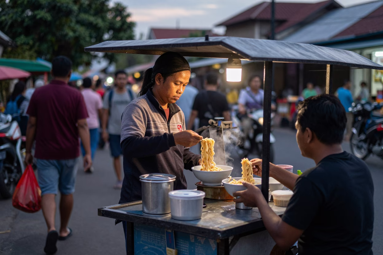 Hot Noodles in Yogyakarta at The Early Evening Light in in Yogyakarta, Indonesia