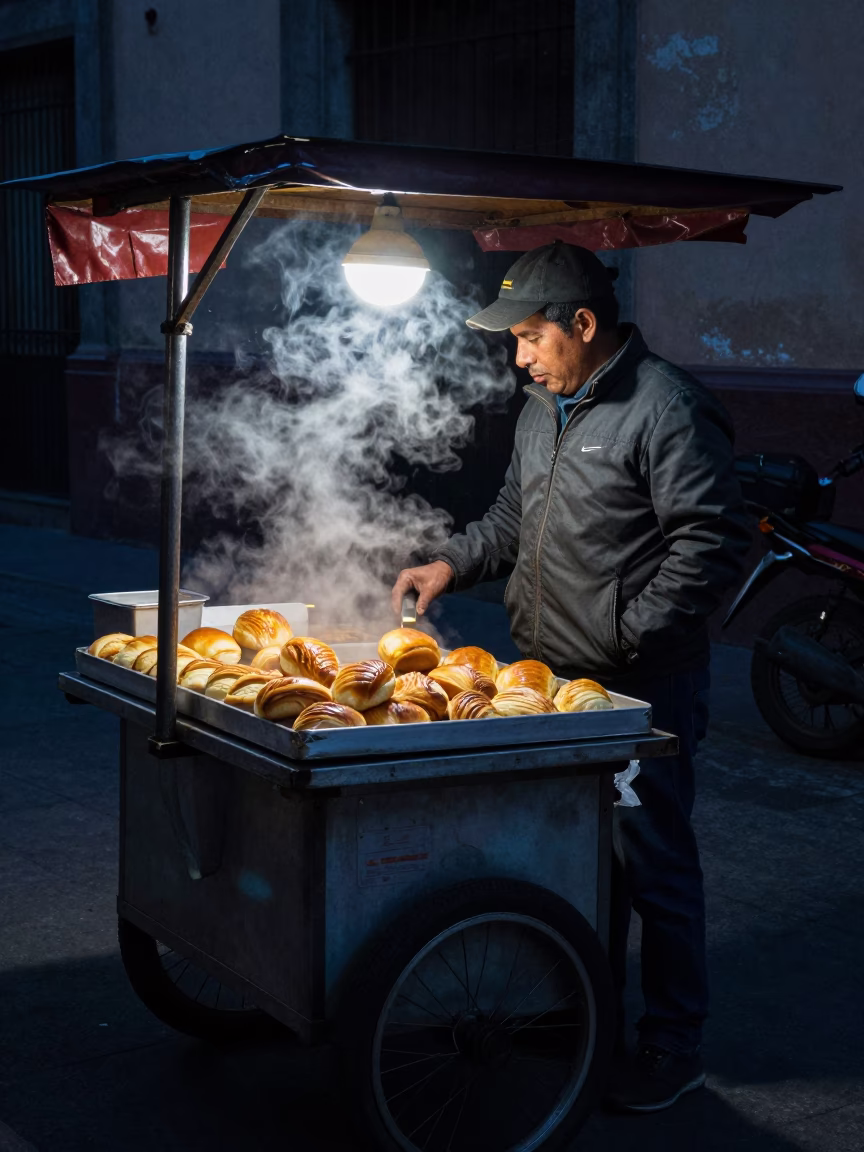 Hot Pastries in Mexico City at The Predawn Darkness Light in in Mexico City, Mexico