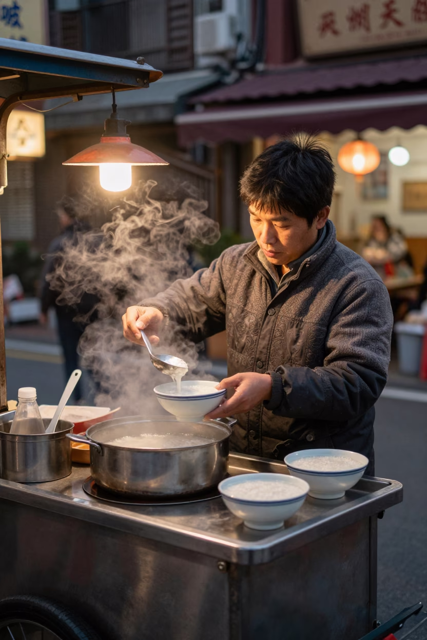 Hot Porridge in Tainan at As City Lights Begin To Glow in in Tainan, Taiwan
