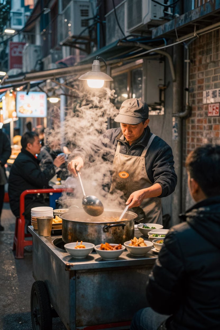 Hot Pot at As City Lights Begin To Glow in Shanghai in in Shanghai, China