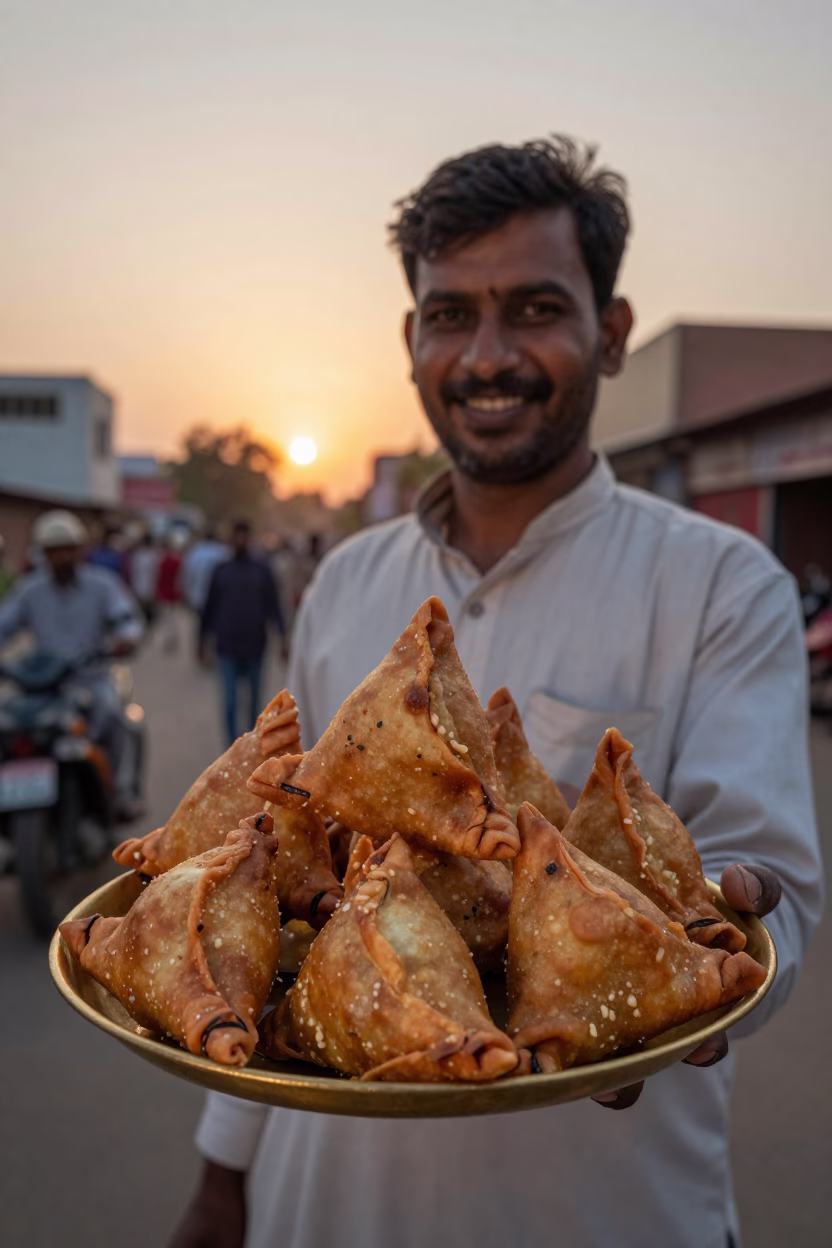Hot Samosas at As The Sun Drops Toward The Horizon in Jaipur in in Jaipur, India
