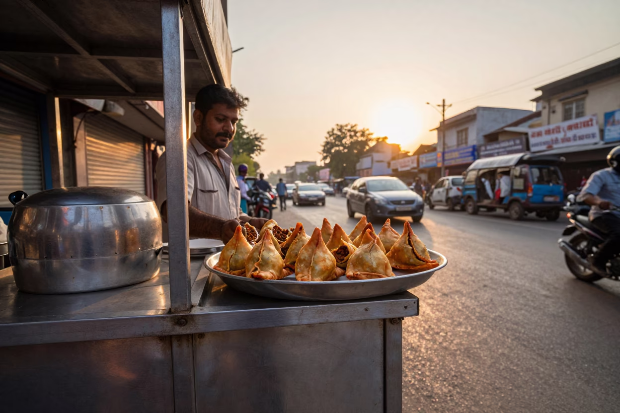 Hot Samosas in Delhi at As The Sun Drops Toward The Horizon in in Delhi, India