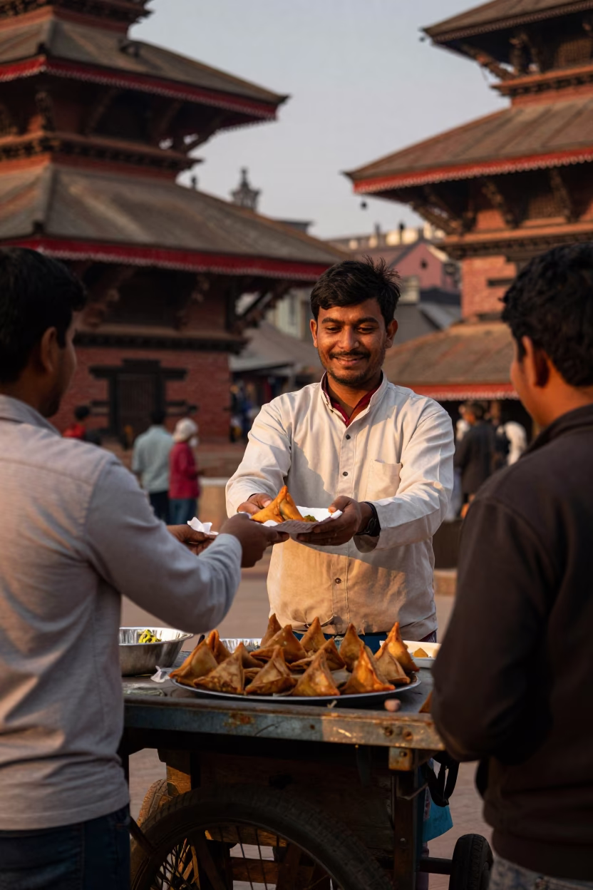 Hot Samosas in Kathmandu at Copper-toned Light Before Dusk in in Kathmandu, Nepal