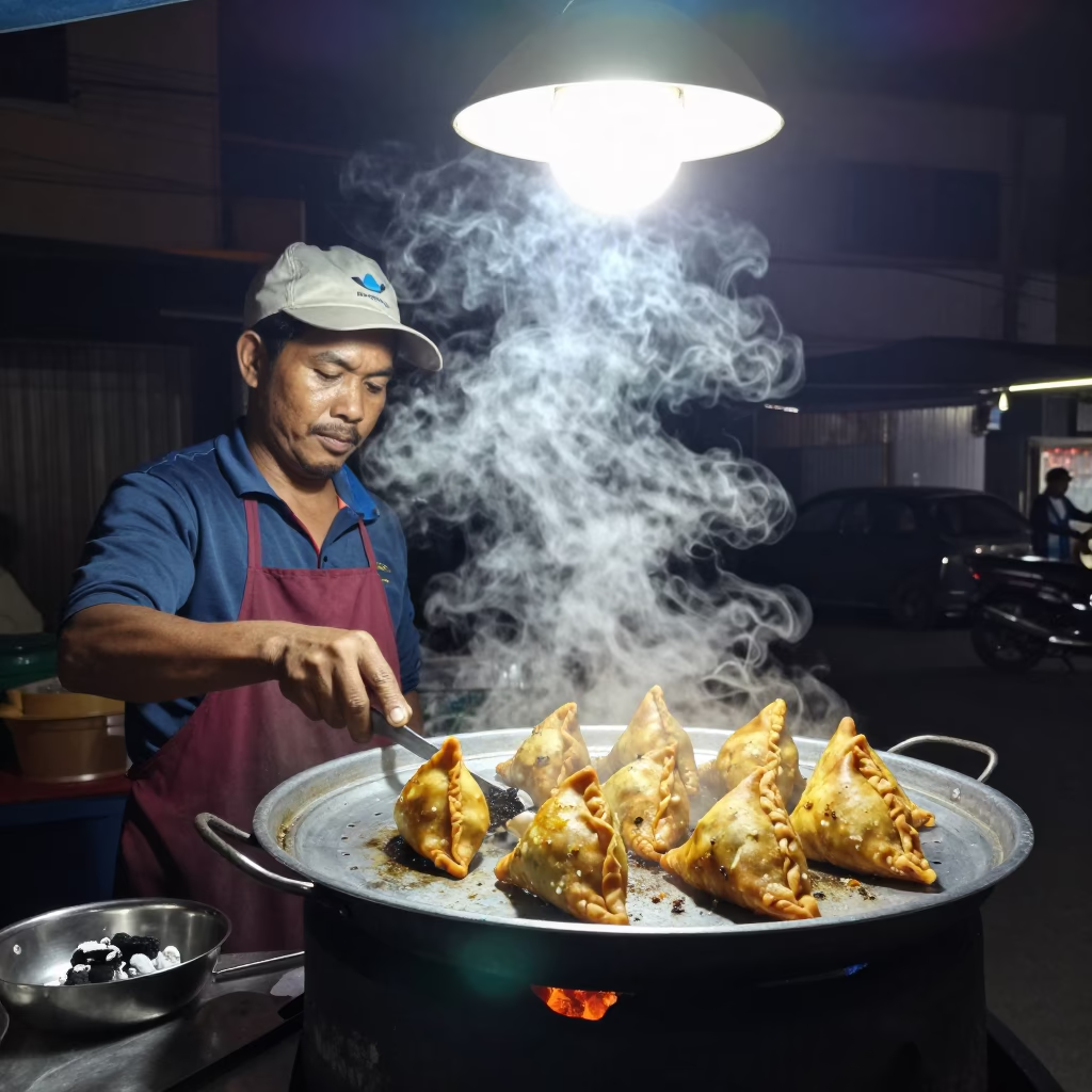 Hot Samosas in Phnom Penh at Late At Night Light in in Phnom Penh, Cambodia