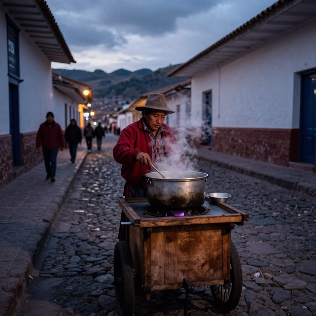 Hot Soup at The Predawn Darkness Light in Cusco in in Cusco, Peru