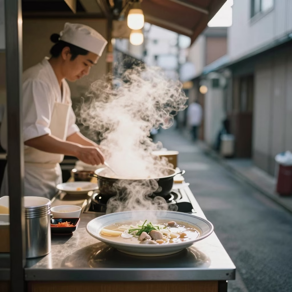 Hot Soup in Tokyo at As First Light Reaches The Scene in in Tokyo, Japan