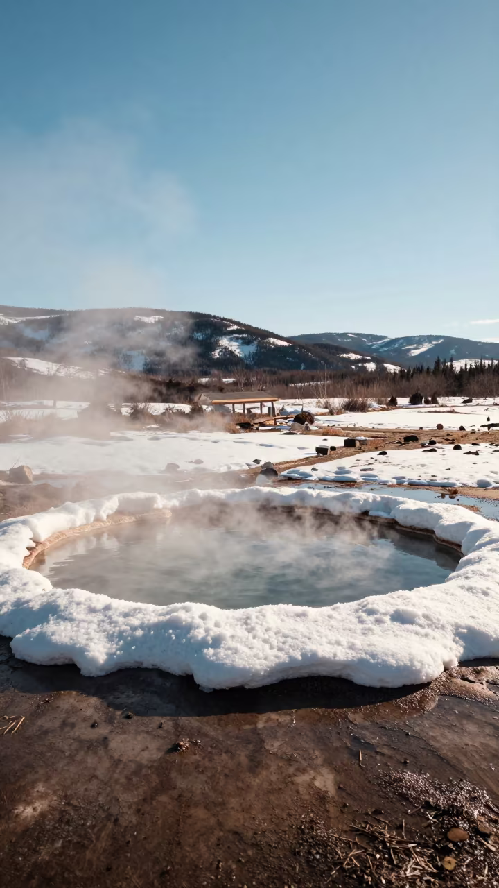 Hot Spring Pool Snow Rim British Columbia in across a floodplain after rain in British Columbia
