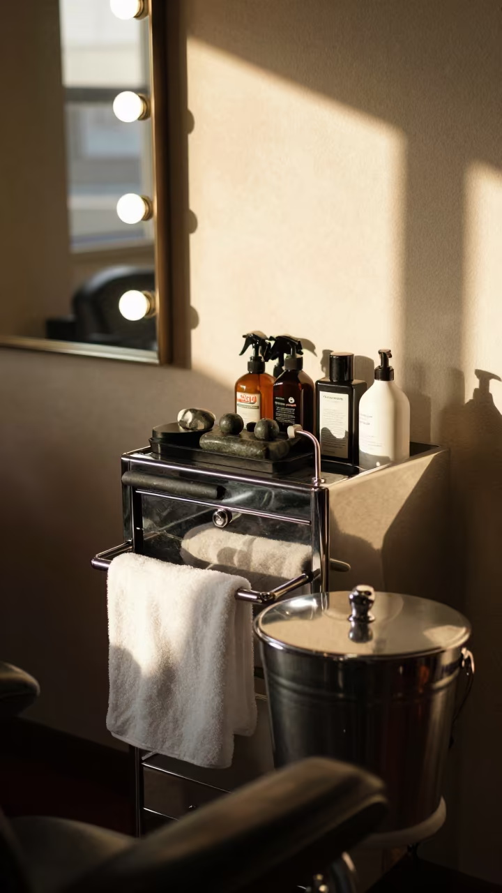 Hot Stone Towel Wringer in Tokyo Barber Shop in at a barber station beneath mirror bulbs in Tokyo