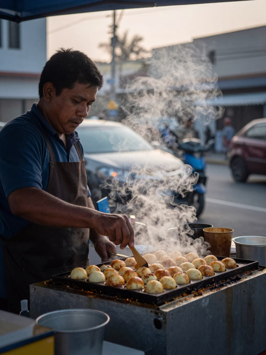 Hot Takoyaki at Sunrise Light in Lima in in Lima, Peru