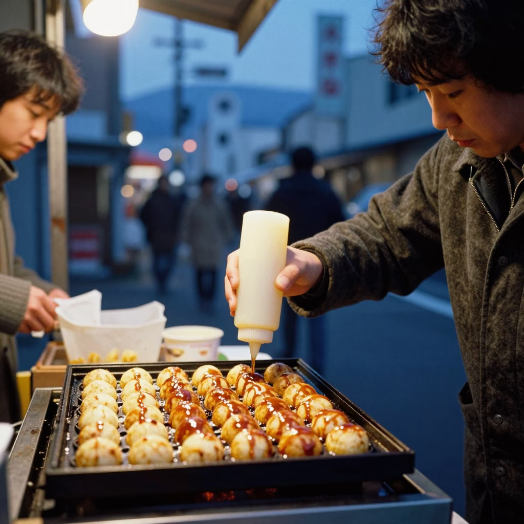 Hot Takoyaki in Sapporo at Twilight in in Sapporo, Japan