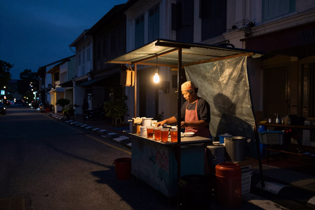 Hot Tea at The Predawn Darkness Light in George Town in in George Town, Malaysia