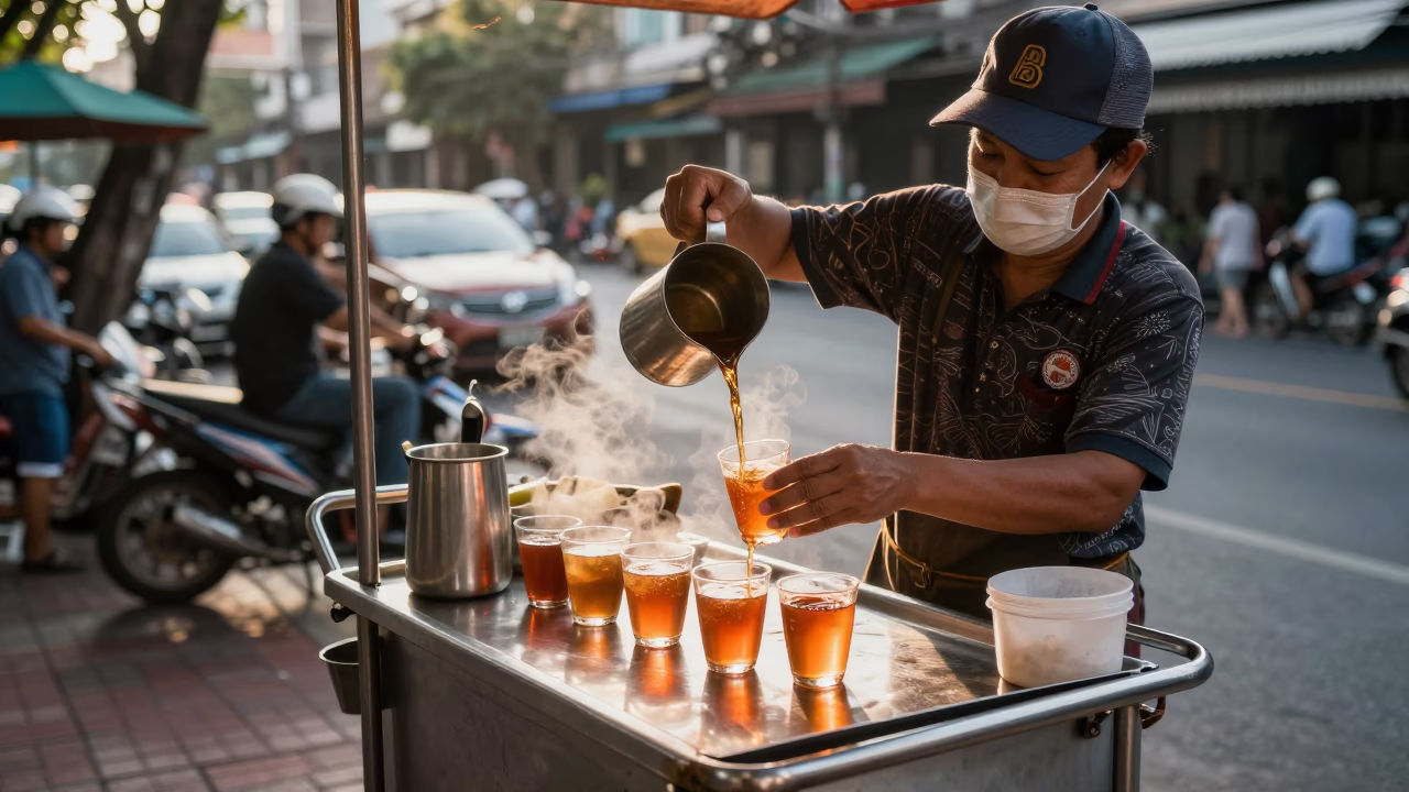 Hot Tea in Bangkok at Honeyed Evening Light in in Bangkok, Thailand