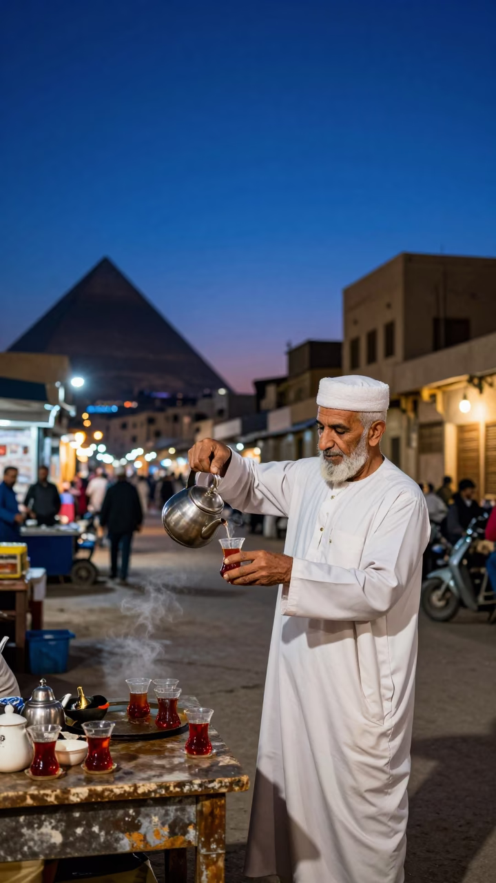 Hot Tea in Cairo at Indigo Twilight After Sunset in in Cairo, Egypt